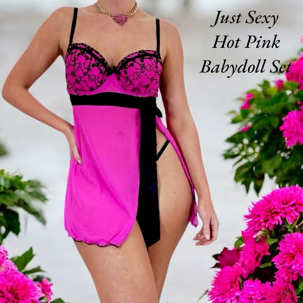 Just Sexy Hot Pink Mesh Babydoll with Black Satin Bow Ribbon with G-String